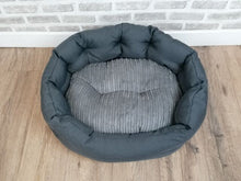 Load image into Gallery viewer, Grey Jumbo Cord Dog / Cat Bed With Button Style Stitch