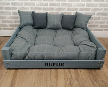 Load image into Gallery viewer, Personalised Rustic Grey Wooden Dog Bed In Grey Check Wool Feel Fabric
