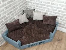 Load image into Gallery viewer, Personalised Grey Corner Wooden Dog Bed In Brown Jumbo Cord With Matching Cushions