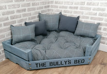 Load image into Gallery viewer, Personalised Grey Corner Wooden Dog Bed In Grey Check Wool Feel Fabric