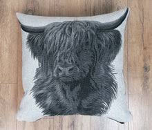 Load image into Gallery viewer, Set of 2 or 4 Grey Highland Cow Cushion Covers Size 22"-56cm Available With/Without Inserts