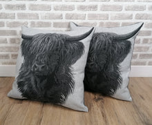 Load image into Gallery viewer, Set of 2 or 4 Grey Highland Cow Cushion Covers Size 22"-56cm Available With/Without Inserts