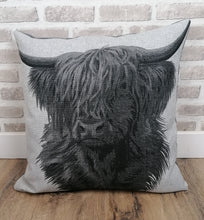 Load image into Gallery viewer, Set of 2 or 4 Grey Highland Cow Cushion Covers Size 22"-56cm Available With/Without Inserts