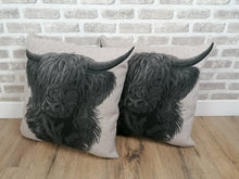Load image into Gallery viewer, Set of 2 or 4 Beige Highland Cow Cushion And Cover Sets- Zipped Size 22&quot;-56cm