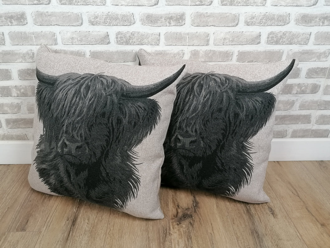 Set of 2 or 4 Beige Highland Cow Cushion And Cover Sets- Zipped Size 22