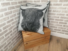 Load image into Gallery viewer, Set of 2 Grey Highland Cow Cushion And Cover Set -Fully piped & Zipped Size 22"-56cm