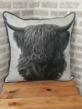 Load image into Gallery viewer, Set of 2 Grey Highland Cow Cushion And Cover Set -Fully piped & Zipped Size 22"-56cm