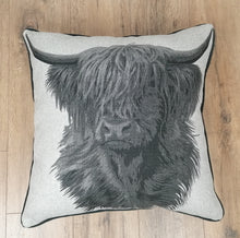 Load image into Gallery viewer, Set of 2 Grey Highland Cow Cushion And Cover Set -Fully piped & Zipped Size 22"-56cm