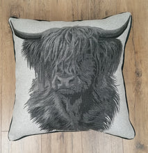 Load image into Gallery viewer, Set of 2 Grey Highland Cow Cushion And Cover Set -Fully piped & Zipped Size 22"-56cm