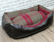 Load image into Gallery viewer, Brown Faux Leather Dog Bed With Red Wool Feel Fabric Inner Cushion