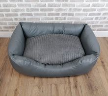 Load image into Gallery viewer, Grey Faux Leather Dog Bed With Zipped Cord Inner Cushion