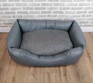 Grey Faux Leather Dog Bed With Zipped Cord Inner Cushion