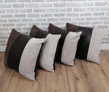 Load image into Gallery viewer, 22&quot; (56cm) 2 or 4 Brown Faux Leather &amp; Stone Cord Cushion Covers With Inserts