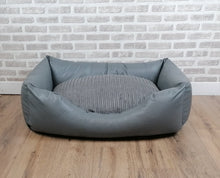 Load image into Gallery viewer, Grey Faux Leather Dog Bed With Zipped Cord Inner Cushion