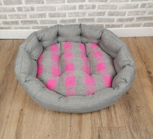 Load image into Gallery viewer, Grey/Pink Check Dog / Cat Bed With Button Style Stitch