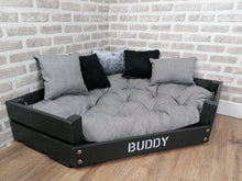 Load image into Gallery viewer, Personalised Slate Black Corner Wooden Dog Bed In Grey/Silver/Black Fabric