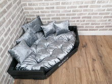 Load image into Gallery viewer, Personalised Slate Black Corner Wooden Dog Bed In Grey Crushed Velvet