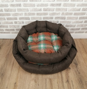 Brown Check Dog / Cat Bed With Button Style Stitch