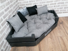 Load image into Gallery viewer, Personalised Slate Black Corner Wooden Dog Bed In Grey/Silver/Black Fabric