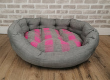 Load image into Gallery viewer, Grey/Pink Check Dog / Cat Bed With Button Style Stitch