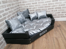 Load image into Gallery viewer, Personalised Slate Black Corner Wooden Dog Bed In Grey Crushed Velvet