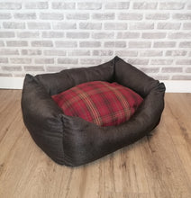 Load image into Gallery viewer, Small Brown/Red Tartan Dog Bed With Removable Inner Cushion