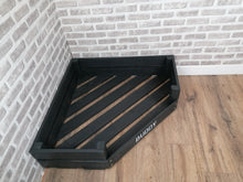 Load image into Gallery viewer, Personalised Slate Black Corner Wooden Dog Bed In Grey Crushed Velvet