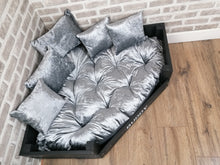 Load image into Gallery viewer, Personalised Slate Black Corner Wooden Dog Bed In Grey Crushed Velvet