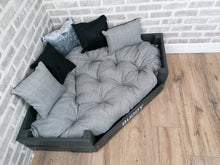 Load image into Gallery viewer, Personalised Slate Black Corner Wooden Dog Bed In Grey/Silver/Black Fabric