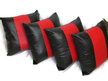 Load image into Gallery viewer, 22" Black/Red Panelled Faux Leather Cushion Covers With Inserts -Set of 4