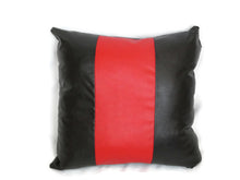 Load image into Gallery viewer, 22" Black/Red Panelled Faux Leather Cushion Covers With Inserts -Set of 4