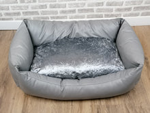 Load image into Gallery viewer, Washable Grey Faux Leather Dog Bed With Crushed Velvet Inner Cushion