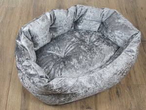 Grey Crushed Velvet Dog / Cat Bed With Button Style Stitch