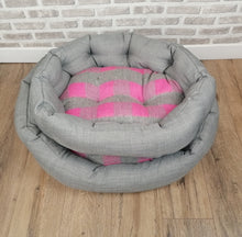 Load image into Gallery viewer, Grey/Pink Check Dog / Cat Bed With Button Style Stitch