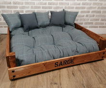 Load image into Gallery viewer, Personalised Rustic Wooden Dog Bed In medium oak wood -Grey Check Wool Feel Fabric