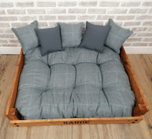 Load image into Gallery viewer, Personalised Rustic Wooden Dog Bed In medium oak wood -Grey Check Wool Feel Fabric