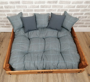 Personalised Rustic Wooden Dog Bed In medium oak wood -Grey Check Wool Feel Fabric