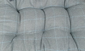 Personalised Rustic Wooden Dog Bed In medium oak wood -Grey Check Wool Feel Fabric
