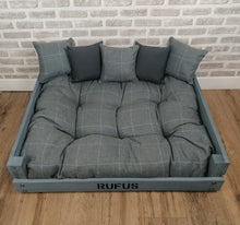 Load image into Gallery viewer, Personalised Rustic Grey Wooden Dog Bed In Grey Check Wool Feel Fabric