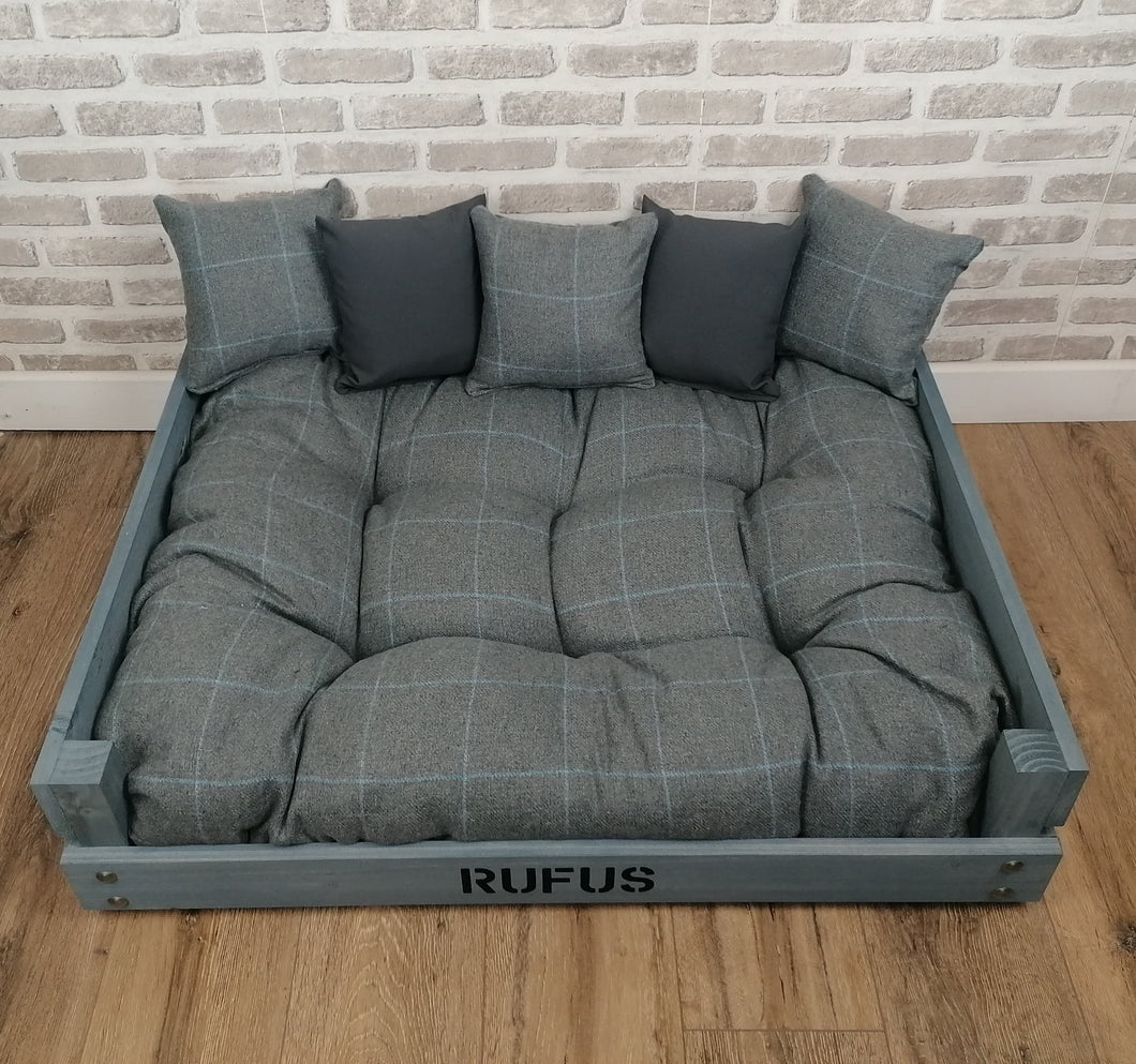 Personalised Rustic Grey Wooden Dog Bed In Grey Check Wool Feel Fabric