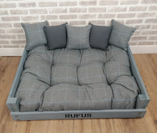 Load image into Gallery viewer, Personalised Rustic Grey Wooden Dog Bed In Grey Check Wool Feel Fabric