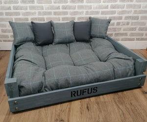 Personalised Rustic Grey Wooden Dog Bed In Grey Check Wool Feel Fabric