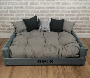 Personalised Rustic Grey Wooden Dog Bed In Grey/Silver Fabric