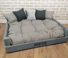 Load image into Gallery viewer, Personalised Rustic Grey Wooden Dog Bed In Grey/Silver Fabric