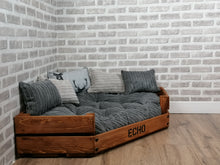 Load image into Gallery viewer, Personalised Rustic Wooden Corner Dog Bed In Grey Jumbo Cord With Matching Cushions