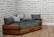 Load image into Gallery viewer, Personalised Rustic Wooden Corner Dog Bed In Grey Jumbo Cord With Matching Cushions