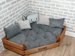 Personalised Rustic Wooden Corner Dog Bed In Grey Jumbo Cord With Matching Cushions