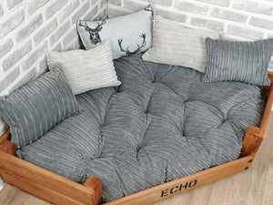 Personalised Rustic Wooden Corner Dog Bed In Grey Jumbo Cord With Matching Cushions