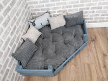 Load image into Gallery viewer, Personalised Grey Corner Wooden Dog Bed In Grey Jumbo Cord With Matching Cushions
