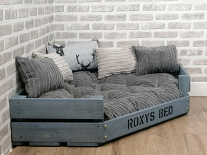 Personalised Grey Corner Wooden Dog Bed In Grey Jumbo Cord With Matching Cushions